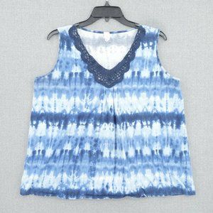 Jones New York Top Womens 1X Blue Sleeveless V-Neck Tie-Dye Lace Cut Out Casual